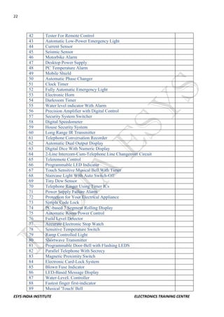 22 
ESYS INDIA INSTITUTE ELECTRONICS TRAINING CENTRE 
42 
Tester For Remote Control 
43 
Automatic Low-Power Emergency Light 
44 
Current Sensor 
45 
Seismic Sensor 
46 
Motorbike Alarm 
47 
Desktop Power Supply 
48 
PC Temperature Alarm 
49 
Mobile Shield 
50 
Automatic Phase Changer 
51 
Clock Timer 
52 
Fully Automatic Emergency Light 
53 
Electronic Horn 
54 
Darkroom Timer 
55 
Water level indicator With Alarm 
56 
Precision Amplifier with Digital Control 
57 
Security System Switcher 
58 
Digital Speedometer 
59 
House Security System 
60 
Long Range IR Transmitter 
61 
Telephone Conversation Recorder 
62 
Automatic Dual Output Display 
63 
Digital Dice With Numeric Display 
64 
2-Line Intercom-Cum-Telephone Line Changeover Circuit 
65 
Teleremote Control 
66 
Programmable LED Indicator 
67 
Touch Sensitive Musical Bell With Timer 
68 
Staircase Light With Auto Switch-Off 
69 
Tiny Dew Sensor 
70 
Telephone Ringer Using Timer ICs 
71 
Power Supply Failure Alarm 
72 
Protection for Your Electrical Appliance 
73 
Simple Code Lock 
74 
PC-based 7 Segment Rolling Display 
75 
Automatic Room Power Control 
76 
Fuild Level Detector 
77 
Accurate Electronic Stop Watch 
78 
Sensitive Temperature Switch 
79 
Ramp Controlled Light 
80 
Shortwave Transmitter 
81 
Programmable Door-Bell with Flashing LEDS 
82 
Parallel Telephone With Secrecy 
83 
Magnetic Proximity Switch 
84 
Electronic Card-Lock System 
85 
Blown Fuse Indicator 
86 
LED-Based Message Display 
87 
Water-LeveL Controller 
88 
Fastest finger first-indicator 
89 
Musical 'Touch' Bell 
 