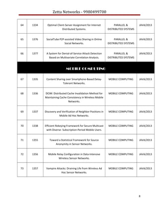 Zetta Networks - 9980499700
64

1334

Optimal Client-Server Assignment for Internet
Distributed Systems.

PARALLEL &
DISTRIBUTED SYSTEMS

JAVA/2013

65

1376

SocialTube P2P-assisted Video Sharing in Online
Social Networks.

PARALLEL &
DISTRIBUTED SYSTEMS

JAVA/2013

66

1377

A System for Denial-of-Service Attack Detection
Based on Multivariate Correlation Analysis.

PARALLEL &
DISTRIBUTED SYSTEMS

JAVA/2013

MOBILE COMPUTING
67

1335

Content Sharing over Smartphone-Based DelayTolerant Networks.

MOBILE COMPUTING

JAVA/2013

68

1336

DCIM: Distributed Cache Invalidation Method for
Maintaining Cache Consistency in Wireless Mobile
Networks.

MOBILE COMPUTING

JAVA/2013

69

1337

Discovery and Verification of Neighbor Positions in
Mobile Ad Hoc Networks.

MOBILE COMPUTING

JAVA/2013

70

1338

Efficient Rekeying Framework for Secure Multicast
with Diverse- Subscription-Period Mobile Users.

MOBILE COMPUTING

JAVA/2013

71

1355

Toward a Statistical Framework for Source
Anonymity in Sensor Networks.

MOBILE COMPUTING

JAVA/2013

72

1356

Mobile Relay Configuration in Data-Intensive
Wireless Sensor Networks.

MOBILE COMPUTING

JAVA/2013

73

1357

Vampire Attacks: Draining Life from Wireless Ad
Hoc Sensor Networks.

MOBILE COMPUTING

JAVA/2013

8

 