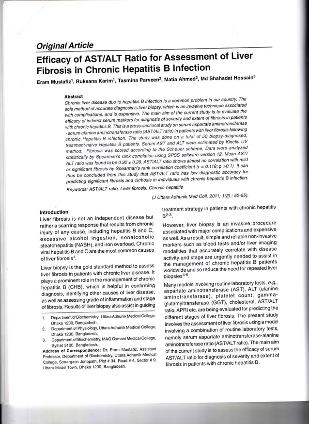 Efficacy of AST/ALT Ratio for Assessment of Liver Fibrosis in chronic ...