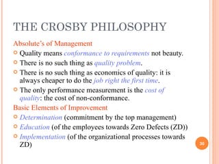 Absolute’s of Management Quality means  conformance to requirements  not beauty. There is no such thing as  quality problem . There is no such thing as economics of quality: it is always cheaper to do the  job right the first time . The only performance measurement is the  cost of quality : the cost of non-conformance. Basic Elements of Improvement   Determination   (commitment by the top management) Education  (of the employees towards Zero Defects (ZD)) Implementation  (of the organizational processes towards ZD) THE CROSBY PHILOSOPHY 