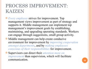 PROCESS IMPROVEMENT: KAIZEN Every employee  strives for improvement. Top management views improvement as part of strategy and supports it. Middle management can implement top management’s improvement goals by establishing, maintaining, and upgrading operating standards. Workers can engage through suggestions, small group activity. Middle management can help create conducive environment for improvement by  improving cooperation amongst departments , and by  making employees conscious of their responsibilities  for improvement. Supervisors can direct their  attention more on improvement  than supervision, which will facilitate communication. 