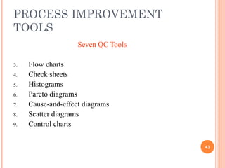 PROCESS IMPROVEMENT TOOLS Seven QC Tools   Flow charts Check sheets Histograms Pareto diagrams Cause-and-effect diagrams Scatter diagrams Control charts 