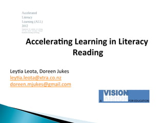 Accelera'ng	
  Learning	
  in	
  Literacy	
  
	
  Reading	
  	
  
Ley$a	
  Leota,	
  Doreen	
  Jukes	
  
ley$a.leota@xtra.co.nz	
  
doreen.mjukes@gmail.com	
  
	
  
	
  
	
  	
  
	
   	
  	
  
	
  
 