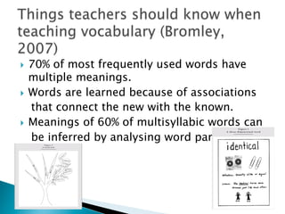 }  70% of most frequently used words have
multiple meanings.
}  Words are learned because of associations
that connect the new with the known.
}  Meanings of 60% of multisyllabic words can
be inferred by analysing word parts.
 