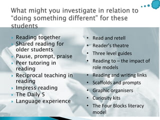 }  Reading together
}  Shared reading for
older students
}  Pause, prompt, praise
}  Peer tutoring in
reading
}  Reciprocal teaching in
reading
}  Impress reading
}  The Daily 5
}  Language experience
•  Read	
  and	
  retell	
  
•  Reader’s	
  theatre	
  
•  Three	
  level	
  guides	
  
•  Reading	
  to	
  –	
  the	
  impact	
  of	
  
role	
  models	
  
•  Reading	
  and	
  wri$ng	
  links	
  	
  
•  Scaﬀolds	
  and	
  prompts	
  
•  Graphic	
  organisers	
  
•  Curiosity	
  kits	
  
•  The	
  Four	
  Blocks	
  literacy	
  
model	
  
 