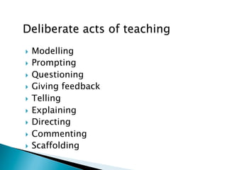 }  Modelling
}  Prompting
}  Questioning
}  Giving feedback
}  Telling
}  Explaining
}  Directing
}  Commenting
}  Scaffolding
 