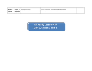 Week 12
Class 36
Formal
assessment
2. Formal assessment Formal Assessment: page 156 in the Teacher’s Guide.
All Ready Lesson Plan
Unit 2, Lesson 3 and 4
 