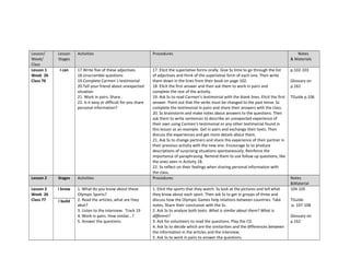 Lesson/
Week/
Class
Lesson
Stages
Activities Procedures Notes
& Materials
Lesson 1
Week 26
Class 76
I can 17.Write five of these adjectives
18.Unscramble questions
19.Complete Carmen´s testimonial
20.Tell your friend about unexpected
situation
21. Work in pairs. Share..
22. Is it easy or difficult for you share
personal information?
17. Elicit the superlative forms orally. Give Ss time to go through the list
of adjectives and think of the superlative form of each one. Then write
them down in the lines from their book on page 102.
18. Elicit the first answer and then ask them to work in pairs and
complete the rest of the activity.
19. Ask Ss to read Carmen’s testimonial with the blank lines. Elicit the first
answer. Point out that the verbs must be changed to the past tense. Ss
complete the testimonial in pairs and share their answers with the class.
20. Ss brainstorm and make notes about answers to the questions. Then
ask them to write sentences to describe an unexpected experience of
their own using Carmen’s testimonial or any other testimonial found in
this lesson as an example. Get in pairs and exchange their texts. Then
discuss the experiences and get more details about them.
21. Ask Ss to change partners and share the experience of their partner in
their previous activity with the new one. Encourage Ss to produce
descriptions of surprising situations spontaneously. Reinforce the
importance of paraphrasing. Remind them to use follow up questions, like
the ones seen in Activity 18.
22. Ss reflect on their feelings when sharing personal information with
the class.
p.102-103
Glossary on
p.162
TGuide p.106
Lesson 2 Stages Activities Procedures Notes
&Material
Lesson 2
Week 26
Class 77
I know 1. What do you know about these
Olympic Sports?
2. Read the articles, what are they
abut?
3. Listen to the interview. Track 19
4. Work in pairs. How similar…?
5. Answer the questions.
1. Elicit the sports that they watch. Ss look at the pictures and tell what
they know about each sport. Then ask Ss to get in groups of three and
discuss how the Olympic Games help relations between countries. Take
notes. Share their conclusion with the Ss.
2. Ask Ss to analyze both texts: What is similar about them? What is
different?
3. Ask for volunteers to read the questions. Play the CD.
4. Ask Ss to decide which are the similarities and the differences between
the information in the articles and the interview.
5. Ask Ss to work in pairs to answer the questions.
104-105
TGuide
p. 107-108
Glossary on
p.162
I build
 