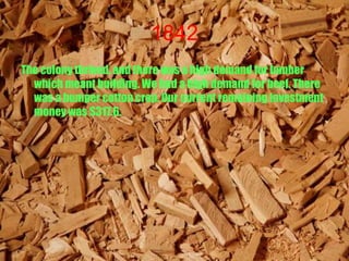 1842
The colony thrived, and there was a high demand for lumber
  which meant building. We had a high demand for beef. There
  was a bumper cotton crop. Our current remaining investment
  money was $317.6.
 