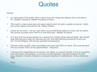 Quotes
Gender
 ‘In most parts of the world, when a girl is born her wings are clipped she is not able to
fly’- Ziaddin Yousafzia, Malala Yousafzai’s Father
 ‘We need to make equal pay and equal opportunity's for girls a reality so woman rights
are human rights once and for all’- Hillary Clinton
 I raise up my voice – not so I can shout, but so that those without a voice can be heard…
We cannot succeed when half of us are held back’- Malala Yousafzai
 ‘It is time that we all see gender as a specturum instead of two sets of ideals. We should
stop defining each other by what we are not. And start defining ourselves by who we
are’- Emma Watson (UN woman goodwill ambassador)
 ‘Woman make up 50% of the population and more that 50% of voters. We must demand
that we receive 100% of the opportunities’ – Beyonce
 ‘I demand the independence of women, her rights, to support herself, to live for herself to
love whomever she pleases, or as many as she pleases. I demand freedom fo both
sexs, freedom of action, freedom in love and freedom in motherhood’- Emma Goldman
1897
 Race
 