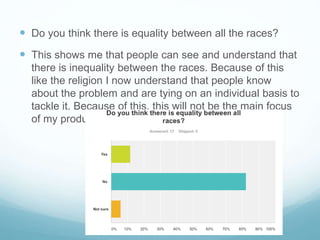  Do you think there is equality between all the races?
 This shows me that people can see and understand that
there is inequality between the races. Because of this
like the religion I now understand that people know
about the problem and are tying on an individual basis to
tackle it. Because of this, this will not be the main focus
of my products.
 