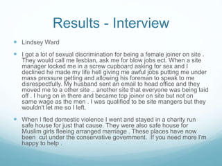 Results - Interview
 Lindsey Ward
 I got a lot of sexual discrimination for being a female joiner on site .
They would call me lesbian, ask me for blow jobs ect. When a site
manager locked me in a screw cupboard asking for sex and I
declined he made my life hell giving me awful jobs putting me under
mass pressure getting and allowing his foreman to speak to me
disrespectfully. My husband sent an email to head office and they
moved me to a other site .. another site that everyone was being laid
off . I hung on in there and became top joiner on site but not on
same wage as the men . I was qualified to be site mangers but they
wouldn't let me so I left.
 When I fled domestic violence I went and stayed in a charity run
safe house for just that cause. They were also safe house for
Muslim girls fleeing arranged marriage . These places have now
been cut under the conservative government. If you need more I'm
happy to help .
 