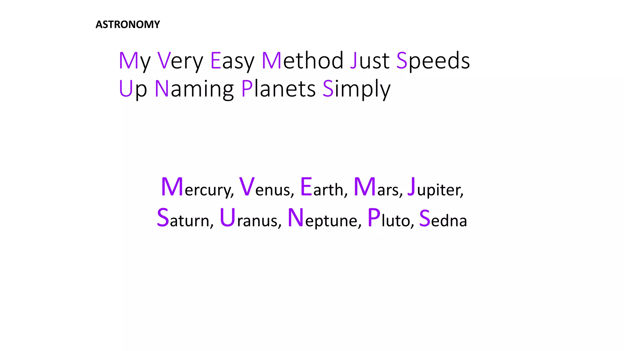 My Very Easy Method Just Speeds
Up Naming Planets Simply
Mercury, Venus, Earth, Mars, Jupiter,
Saturn, Uranus, Neptune, Pluto, Sedna
ASTRONOMY
 