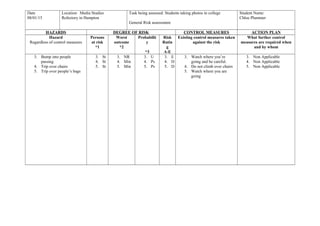 Date
08/01/15
Location: Media Studies
Refectory in Hampton
Task being assessed: Students taking photos in college
General Risk assessment
Student Name:
Chloe Plummer
HAZARDS DEGREE OF RISK CONTROL MEASURES ACTION PLAN
Hazard
Regardless of control measures
Persons
at risk
*1
Worst
outcome
*2
Probabilit
y
*3
Risk
Ratin
g
A-E
Existing control measures taken
against the risk
What further control
measures are required when
and by whom
3. Bump into people
passing
4. Trip over chairs
5. Trip over people’s bags
3. St
4. St
5. St
3. NR
4. Min
5. Min
3. U
4. Ps
5. Ps
3. E
4. D
5. D
3. Watch where you’re
going and be careful.
4. Do not climb over chairs
5. Watch where you are
going
3. Non Applicable
4. Non Applicable
5. Non Applicable
 