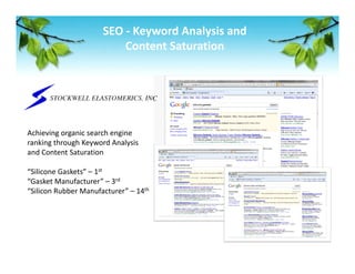 SEO ‐ Keyword Analysis and 
                          Content Saturation  




Achieving organic search engine 
ranking through Keyword Analysis 
and Content Saturation  
 
“Silicone Gaskets” – 1st 
“Gasket Manufacturer” – 3rd 
“Silicon Rubber Manufacturer” – 14th 
 
 
 
 