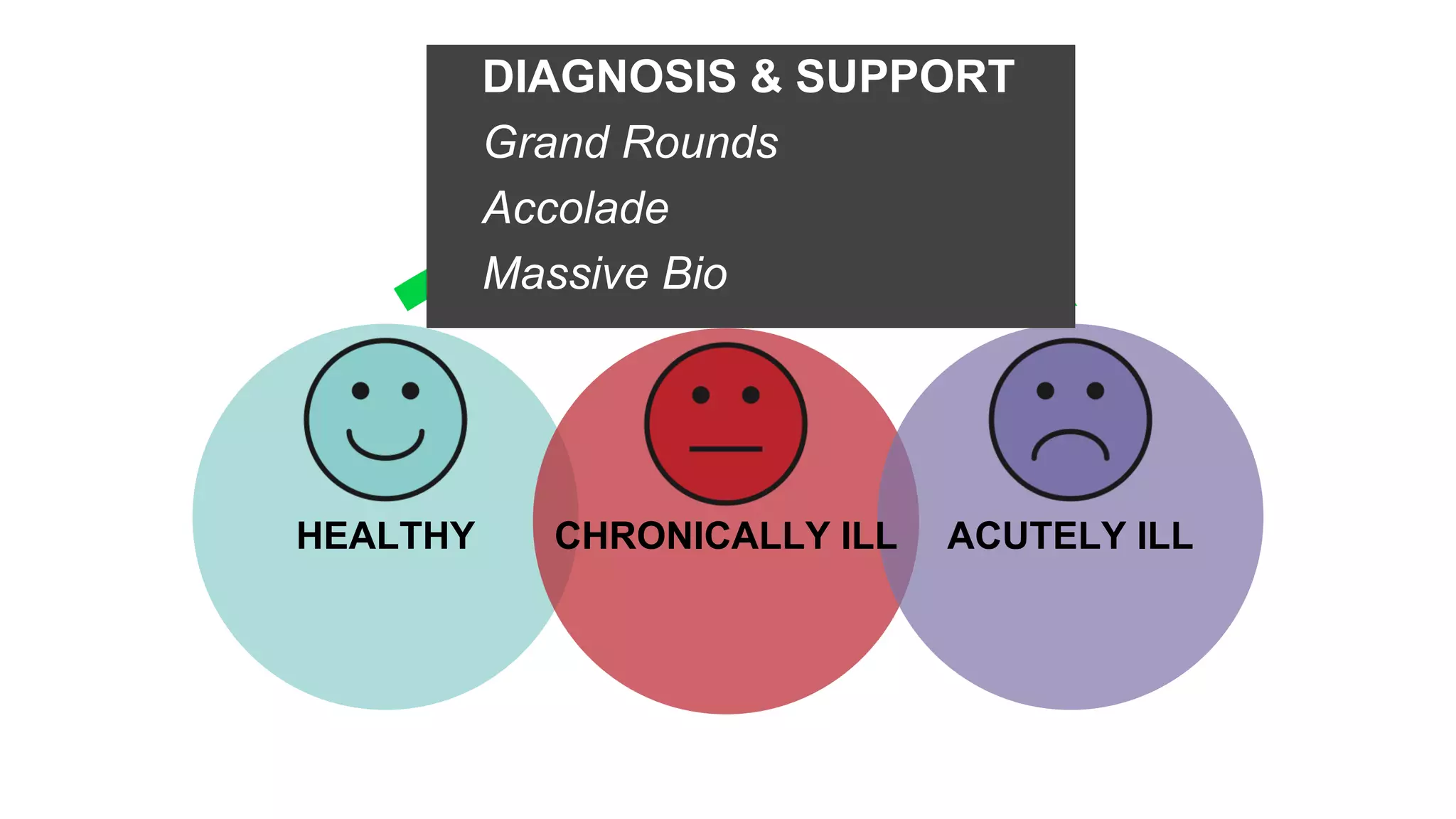 HEALTHY ACUTELY ILLCHRONICALLY ILL
DIAGNOSIS & SUPPORT
Grand Rounds
Accolade
Massive Bio
 