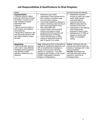 Job Responsibilities & Qualifications for Brad Singleton

needs.                                                                        and part of new hire training.
Communication:                    Selected by each sales                      Established reputation
• Effective listener; clearly        organization I have worked with to          among my peers as a sales
presents information through         be a member of quarterly sales              coach. See LinkedIn
the written or spoken word           communications panels.                      recommendations.
well; interprets complex            I have been selected to develop or        Coached and led two
information well.                    assist in delivering sales training at      different sales teams to
Influence:                           each sales organization I have              President’s Club wins.
• Able to convince others in         been associated with.                     Participated in two listening
both positive and negative          I spent 6 years communicating               skills development
circumstances.                       missions and goals to sales                 programs in past 3 years.
• Responds to objections well        professionals during growth and           Selected from 12 TSDs to
and expresses opinions with          challenging times of change.                present to newly hired
tact; takes initiative; closes      I have coached peers or direct              TSRs on competitive
the deal.                            reports on sales techniques for             selling.
                                     past 15 years of my career.

Negotiating:                     Task: Selected by RVP to lead effort to      Action: Partnered with key
• Earns trust while working      highlight an established diagnostic tool     internal and external clients to
with a client. Uses effective    with a comprehensive message on              develop a message with a clear
strategies when bargaining       clinical, economic and outcomes              value proposition.
and identifies hidden            superior to competition. This effort         Results: Developed and
agendas; creates win–win         included a solid analysis on the impact      executed peer-peer selling
solutions.                       of EMR. Participated in Harvard              approach, which led to
                                 Program on Negotiations.                     increased share.




                                                                                                    2
 
