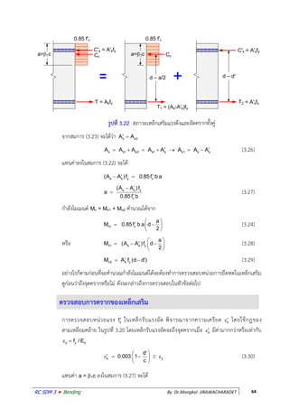 RC SDM 3  Bending By Dr.Mongkol JIRAWACHARADET 64
รูปที่ 3.22 สภาวะเหล็กเสริมแรงดึงและอัดครากทั้งคู่
จากสมการ (3.23) จะได้ว่า s s2A A 
s s1 s2 s1 s s1 s sA A A A A A A A        (3.26)
แทนค่าลงในสมการ (3.22) จะได้
s s y c(A A )f 0.85f b a  
s s y
c
(A A )f
a
0.85f b



(3.27)
ก้าลังโมเมนต์ Mn = Mn1 + Mn2 ค้านวณได้จาก
n1 c
a
M 0.85f b a d
2
 
  
 
(3.24)
หรือ n1 s s y
a
M (A A )f d
2
 
   
 
(3.28)
n2 s yM A f (d d )   (3.29)
อย่างไรก็ตามก่อนที่จะค้านวณก้าลังโมเมนต์ได้จะต้องท้าการตรวจสอบหน่วยการยืดหดในเหล็กเสริม
ดูก่อนว่าถึงจุดครากหรือไม่ ดังจะกล่าวถึงการตรวจสอบในหัวข้อต่อไป
ตรวจสอบการครากของเหล็กเสริม
การตรวจสอบหน่วยแรง sf ในเหล็กรับแรงอัด พิจารณาจากความเครียด s
 โดยใช้กฎของ
สามเหลี่ยมคล้าย ในรูปที่ 3.20 โดยเหล็กรับแรงอัดจะถึงจุดครากเมื่อ s
 มีค่ามากกว่าหรือเท่ากับ
y y sf / E 
s y
d
0.003 1
c
 
     
 
(3.30)
แทนค่า a = 1c ลงในสมการ (3.27) จะได้
0.85 f c
a=1c
T = Asfy
Cc
C s = A sfy
0.85 f c
a=1c Cc
d – a/2 d – d
C s = A sfy
T2 = A sfy
T1 = (As-A s)fy
 