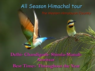 All Season Himachal tourAll Season Himachal tour
The Western Himalayan CountryThe Western Himalayan Country
Delhi- Chandigarh- Shimla-Manali-Delhi- Chandigarh- Shimla-Manali-
AmritsarAmritsar
Best Time:- Throughout the YearBest Time:- Throughout the Year
 