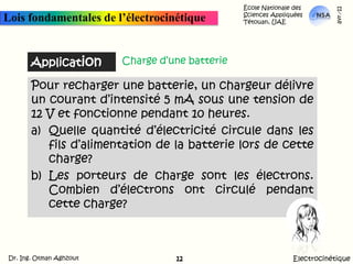 École Nationale des Sciences Appliquées  Tétouan, UAEmars-11Lois fondamentales de l’électrocinétiqueApplicationCharge d’une batteriePour recharger une batterie, un chargeur délivre un courant d’intensité 5 mAsous une tension de 12 Vet fonctionne pendant 10 heures.Quelle quantité d’électricité circule dans les fils d’alimentation de la batterie lors de cette charge?Les porteurs de charge sont les électrons. Combien d’électrons ont circulé pendant cette charge?ElectrocinétiqueDr. Ing. Otman Aghzout12
