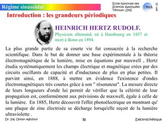 École Nationale des Sciences Appliquées  Tétouan, UAEmars-11Régime sinusoïdalIntroduction : les grandeurs périodiquesLa plus grande partie de sa courte vie fut consacrée à la recherche scientifique. Dans le but de donner une base expérimentale à la théorie électromagnétique de la lumière, mise en équations par maxwell , Hertz étudia systématiquement les champs électrique et magnétique crées par des circuits oscillants de capacité et d'inductance de plus en plus petites. Il parvint ainsi, en 1888, à mettre en évidence l'existence d'ondes électromagnétiques très courtes grâce à son " résonateur". La mesure directe de leurs longueurs d'onde lui permit de vérifier que la célérité de leur propagation est, conformément aux prévisions de maxwell, égale à celle de la lumière.  En 1885, Hertz découvrit l'effet photoélectrique en montrant qu' une plaque de zinc électrisée se décharge lorsqu'elle reçoit de la lumière ultraviolette .HEINRICH HERTZ RUDOLF. Physicien allemand, né à Hambourg en 1857 et mort à Bonn en 1894.ElectrocinétiqueDr. Ing. Otman Aghzout51