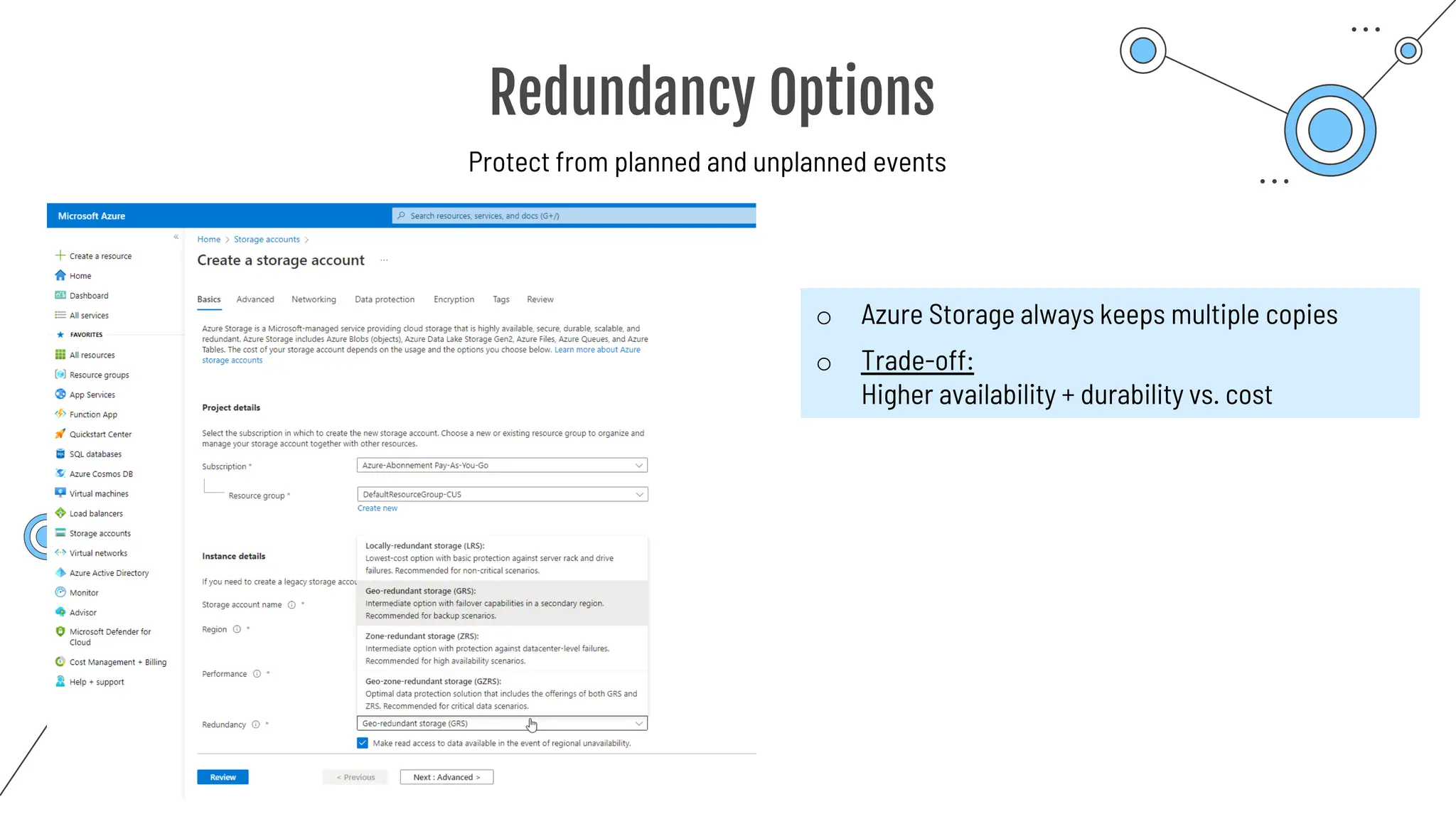 Redundancy Options
Protect from planned and unplanned events
o Azure Storage always keeps multiple copies
o Trade-off:
Higher availability + durability vs. cost
 