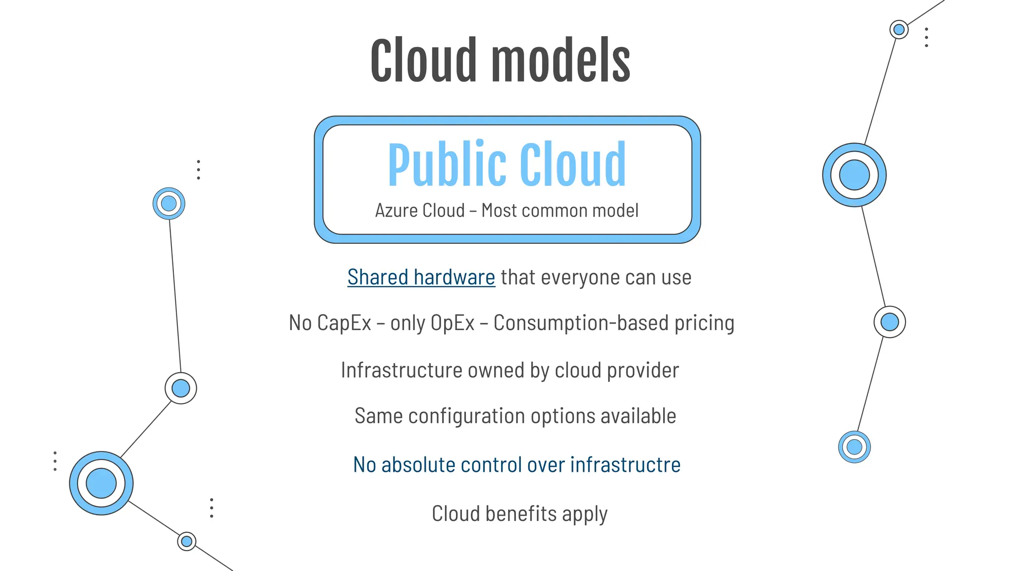 Public Cloud
Cloud models
No CapEx – only OpEx – Consumption-based pricing
Infrastructure owned by cloud provider
Shared hardware that everyone can use
Cloud benefits apply
Azure Cloud – Most common model
Same configuration options available
No absolute control over infrastructre
 