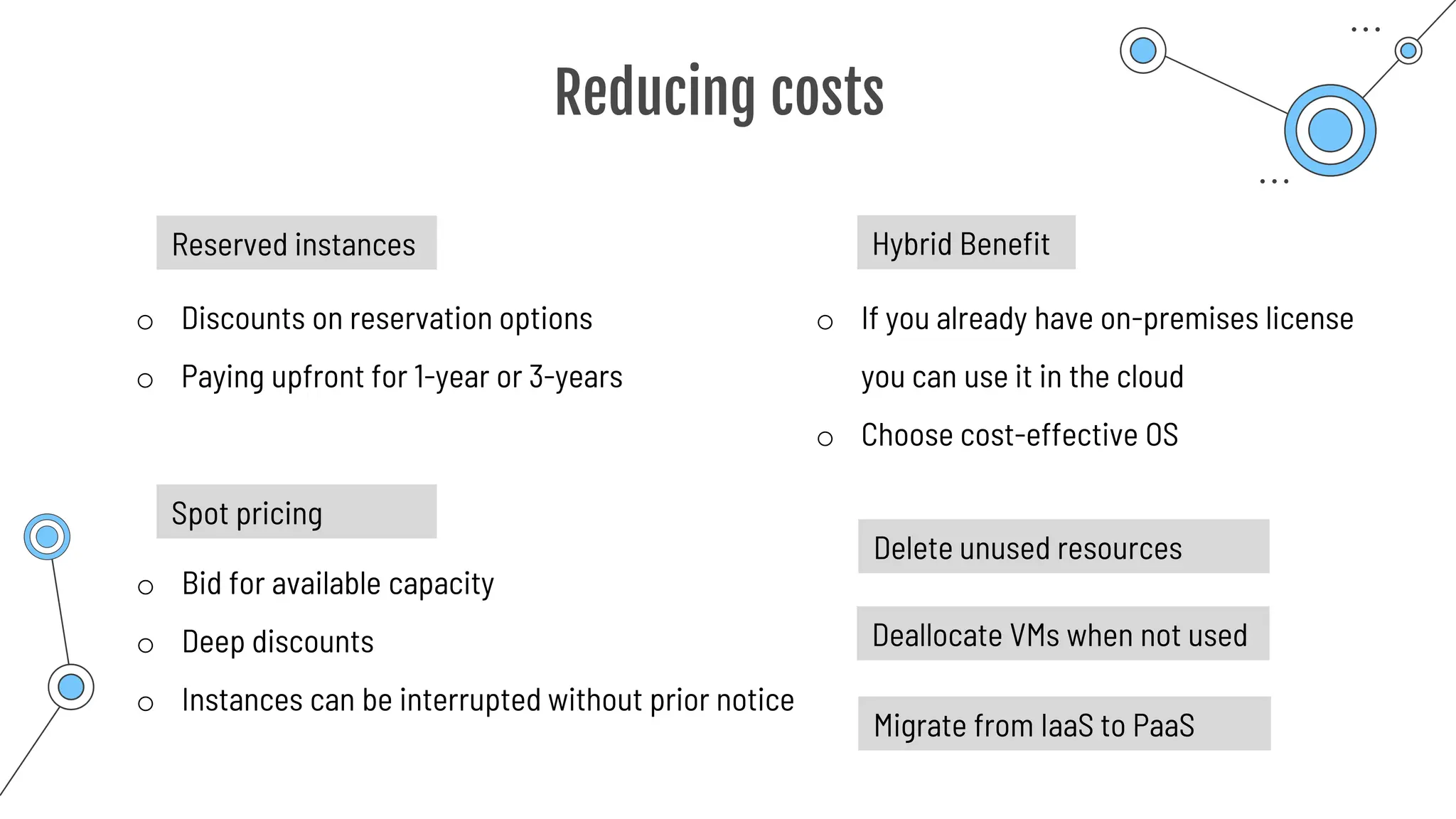 Reducing costs
Reserved instances
o Discounts on reservation options
o Paying upfront for 1-year or 3-years
o Bid for available capacity
o Deep discounts
o Instances can be interrupted without prior notice
Spot pricing
Hybrid Benefit
o If you already have on-premises license
you can use it in the cloud
o Choose cost-effective OS
Delete unused resources
Deallocate VMs when not used
Migrate from IaaS to PaaS
 