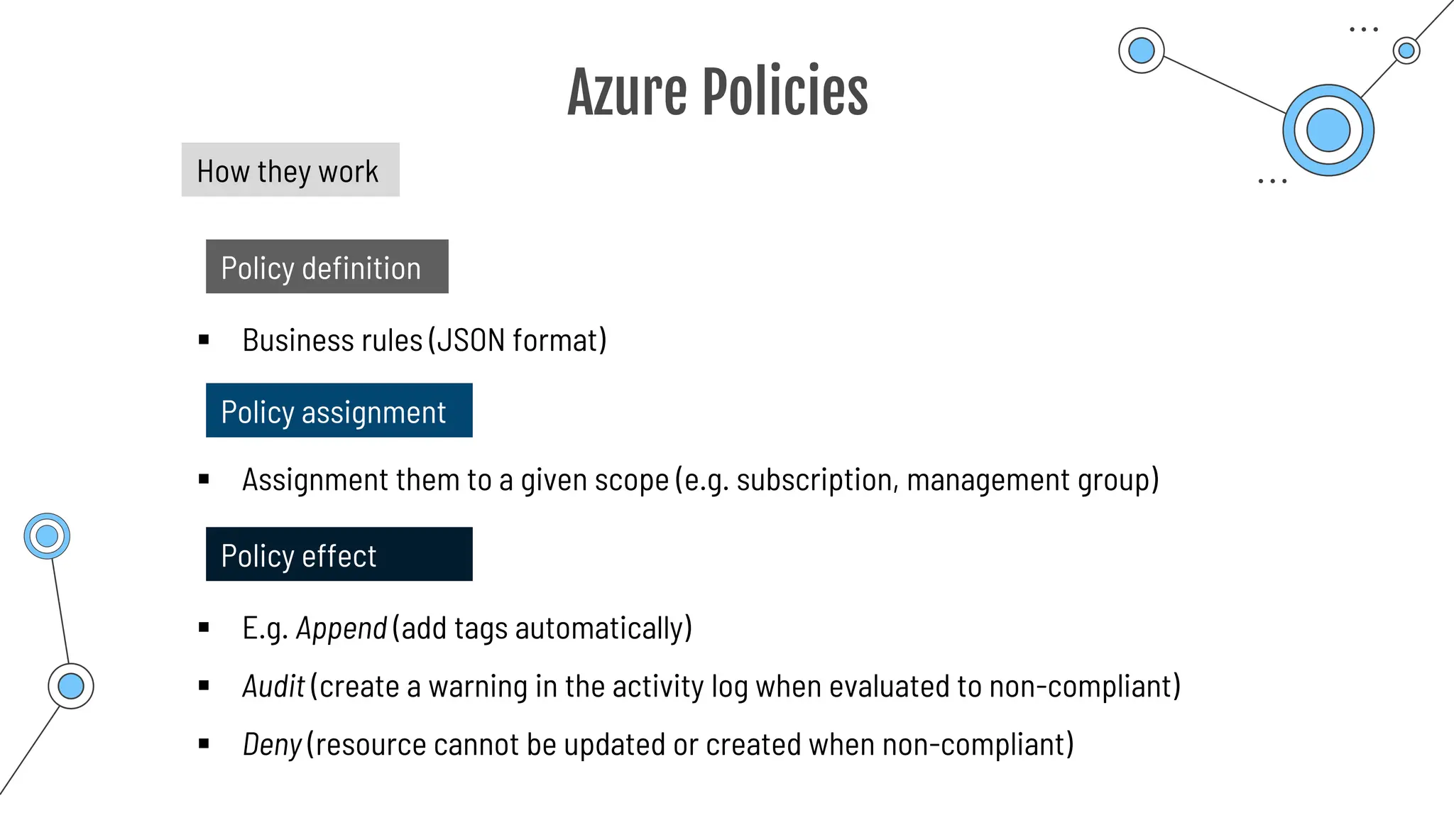 Azure Policies
How they work
Policy definition
▪ Business rules (JSON format)
Policy assignment
▪ Assignment them to a given scope (e.g. subscription, management group)
Policy effect
▪ E.g. Append (add tags automatically)
▪ Audit (create a warning in the activity log when evaluated to non-compliant)
▪ Deny (resource cannot be updated or created when non-compliant)
 