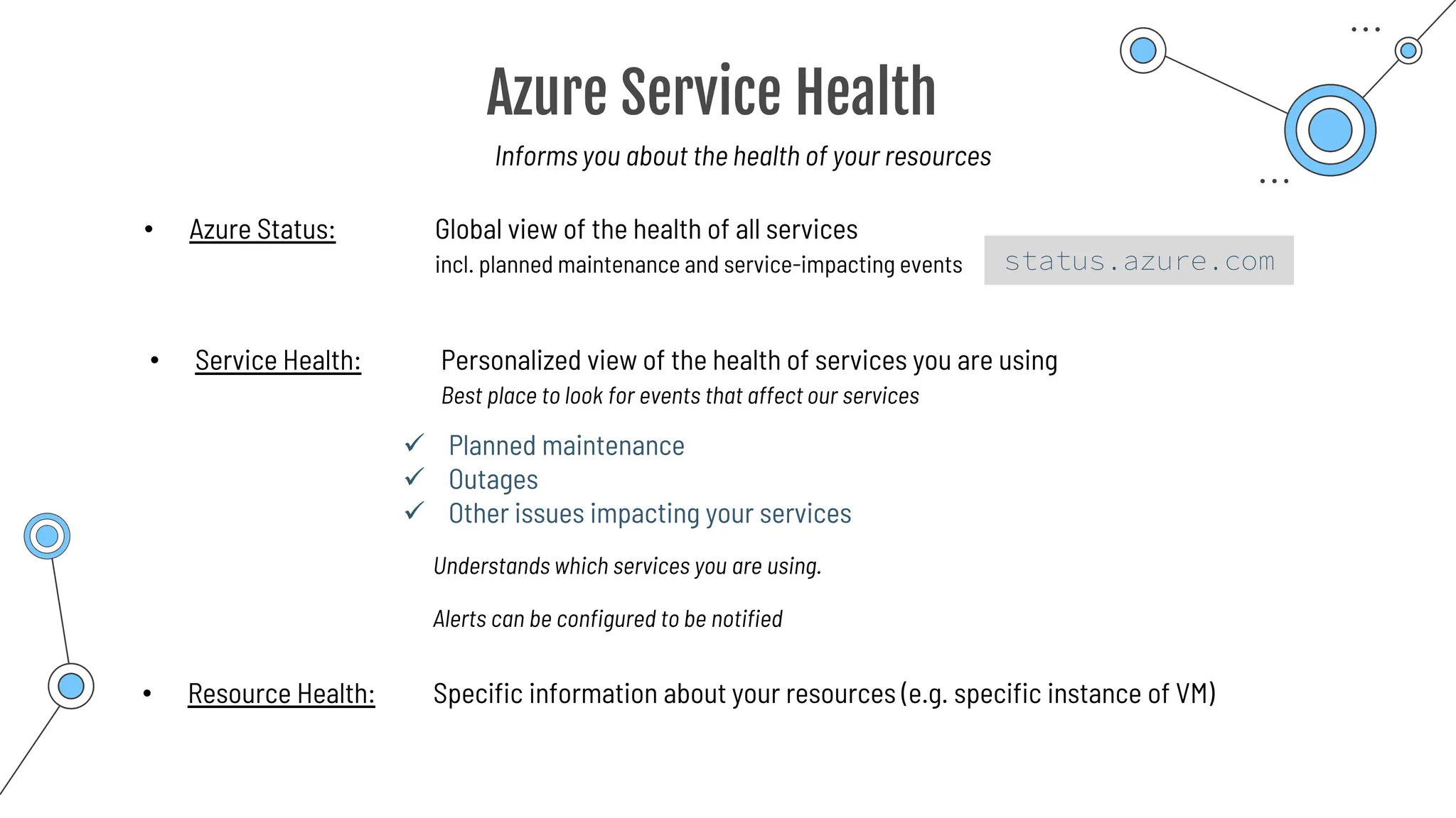 Azure Service Health
Informs you about the health of your resources
• Azure Status: Global view of the health of all services
incl. planned maintenance and service-impacting events
✓ Planned maintenance
✓ Outages
✓ Other issues impacting your services
• Service Health: Personalized view of the health of services you are using
Best place to look for events that affect our services
Understands which services you are using.
• Resource Health: Specific information about your resources (e.g. specific instance of VM)
Alerts can be configured to be notified
status.azure.com
 