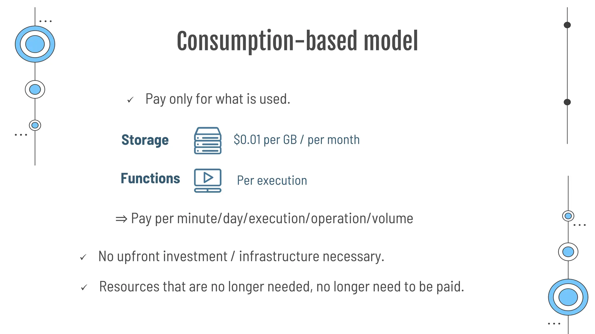 Consumption-based model
✓ Pay only for what is used.
✓ No upfront investment / infrastructure necessary.
⇒ Pay per minute/day/execution/operation/volume
Storage
Functions
$0.01 per GB / per month
✓ Resources that are no longer needed, no longer need to be paid.
Per execution
 