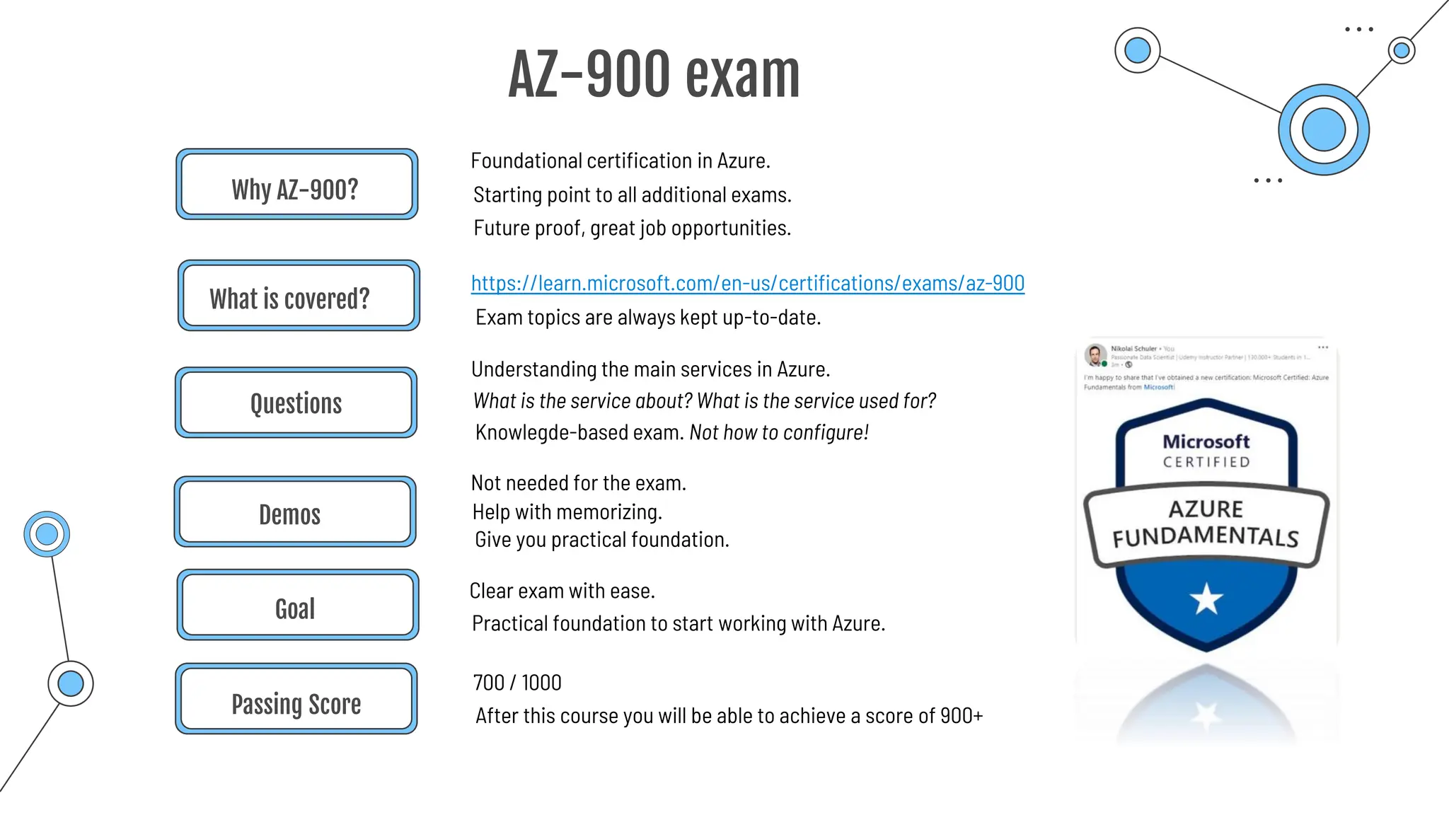Why AZ-900?
Foundational certification in Azure.
https://learn.microsoft.com/en-us/certifications/exams/az-900
What is covered?
Exam topics are always kept up-to-date.
Questions
Demos
Not needed for the exam.
Passing Score
700 / 1000
Goal
Clear exam with ease.
Starting point to all additional exams.
Future proof, great job opportunities.
Understanding the main services in Azure.
What is the service about? What is the service used for?
Knowlegde-based exam. Not how to configure!
Help with memorizing.
Give you practical foundation.
After this course you will be able to achieve a score of 900+
Practical foundation to start working with Azure.
AZ-900 exam
 