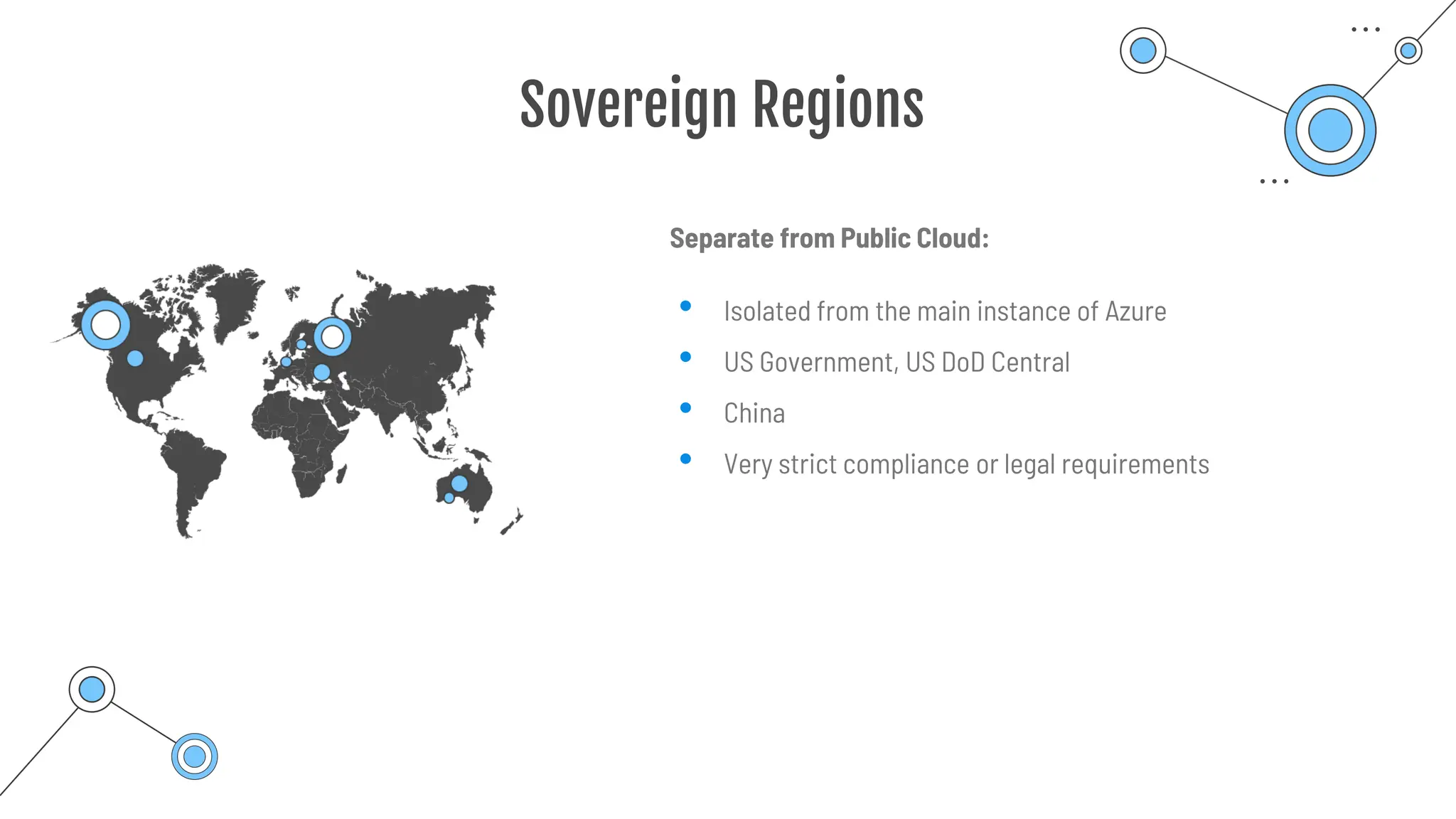 Sovereign Regions
Separate from Public Cloud:
• Isolated from the main instance of Azure
• US Government, US DoD Central
• China
• Very strict compliance or legal requirements
 