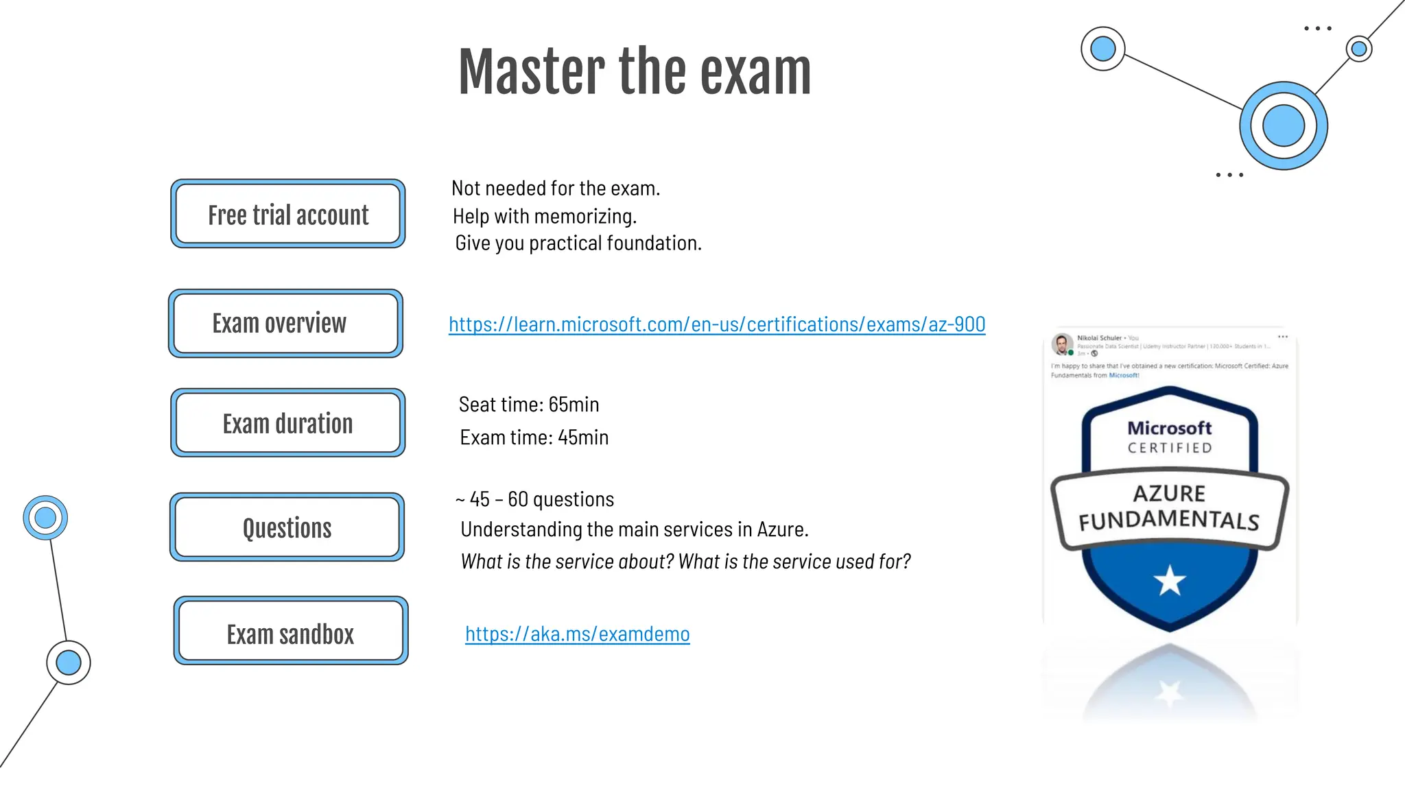 Free trial account
https://learn.microsoft.com/en-us/certifications/exams/az-900
Exam overview
Questions
Exam sandbox
Not needed for the exam.
Understanding the main services in Azure.
Help with memorizing.
Give you practical foundation.
Master the exam
Exam duration
Seat time: 65min
What is the service about? What is the service used for?
Exam time: 45min
~ 45 – 60 questions
https://aka.ms/examdemo
 