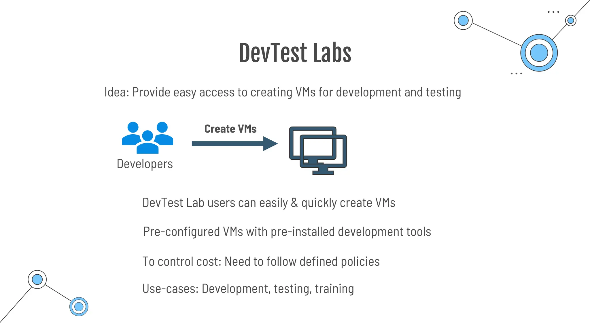 DevTest Labs
Pre-configured VMs with pre-installed development tools
DevTest Lab users can easily & quickly create VMs
Use-cases: Development, testing, training
Idea: Provide easy access to creating VMs for development and testing
Developers
Create VMs
To control cost: Need to follow defined policies
 