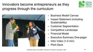 • Business Model Canvas
• Impact Statement (including
Sustainability)
• Customer Segmentation
• Competitive Landscape
• Financial Model
• Executive Summary One-pager
• Intro Video (1-2 min)
• Pitch Deck
Innovators become entrepreneurs as they
progress through the curriculum
24Cleantech Open intro│MItEF Cleantech Innovation Landscape 2020
 