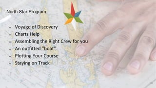 North Star Program
● Voyage of Discovery
● Charts Help
● Assembling the Right Crew for you
● An outfitted ”boat”
● Plotting Your Course
● Staying on Track
31
 