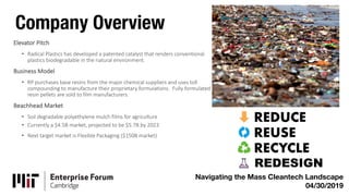 Company Overview
Navigating the Mass Cleantech Landscape
04/30/2019
Elevator Pitch
• Radical Plastics has developed a patented catalyst that renders conventional
plastics biodegradable in the natural environment.
Business Model
• RP purchases base resins from the major chemical suppliers and uses toll
compounding to manufacture their proprietary formulations. Fully formulated
resin pellets are sold to film manufacturers.
Beachhead Market
• Soil degradable polyethylene mulch films for agriculture
• Currently a $4.5B market, projected to be $5.7B by 2023
• Next target market is Flexible Packaging ($150B market)
 