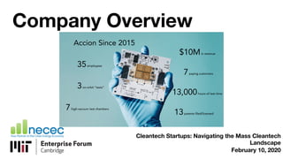 Company Overview
Cleantech Startups: Navigating the Mass Cleantech
Landscape
February 10, 2020
 