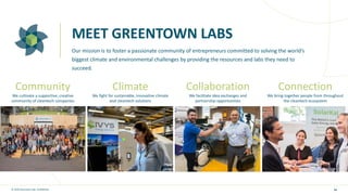 © 2020 Greentown Labs. Confidential.
MEET GREENTOWN LABS
54
Our mission is to foster a passionate community of entrepreneurs committed to solving the world’s
biggest climate and environmental challenges by providing the resources and labs they need to
succeed.
Community
We cultivate a supportive, creative
community of cleantech companies
Climate
We fight for sustainable, innovative climate
and cleantech solutions
Collaboration
We facilitate idea exchanges and
partnership opportunities
Connection
We bring together people from throughout
the cleantech ecosystem
 