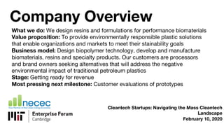 Company Overview
What we do: We design resins and formulations for performance biomaterials
Value proposition: To provide environmentally responsible plastic solutions
that enable organizations and markets to meet their stainability goals
Business model: Design biopolymer technology, develop and manufacture
biomaterials, resins and specialty products. Our customers are processors
and brand owners seeking alternatives that will address the negative
environmental impact of traditional petroleum plastics
Stage: Getting ready for revenue
Most pressing next milestone: Customer evaluations of prototypes
Cleantech Startups: Navigating the Mass Cleantech
Landscape
February 10, 2020
 