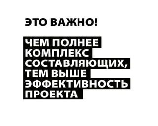 это Важно!
чем полнее
комплекс
состаВляющих,
тем Выше
эффектиВность
проекта
 
