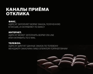 каналы приёма
отклика
факс.
адресат заПолняет форму заказа, Полученную
в Письме, и наПравляет По факсу

интернет.
адресат может заПолнить форму on-line
или наПравить По e-mail

телефон.
адресат диктует данные заказа По телефону
менеджеру заказчика либо оПератору горячей линии
 