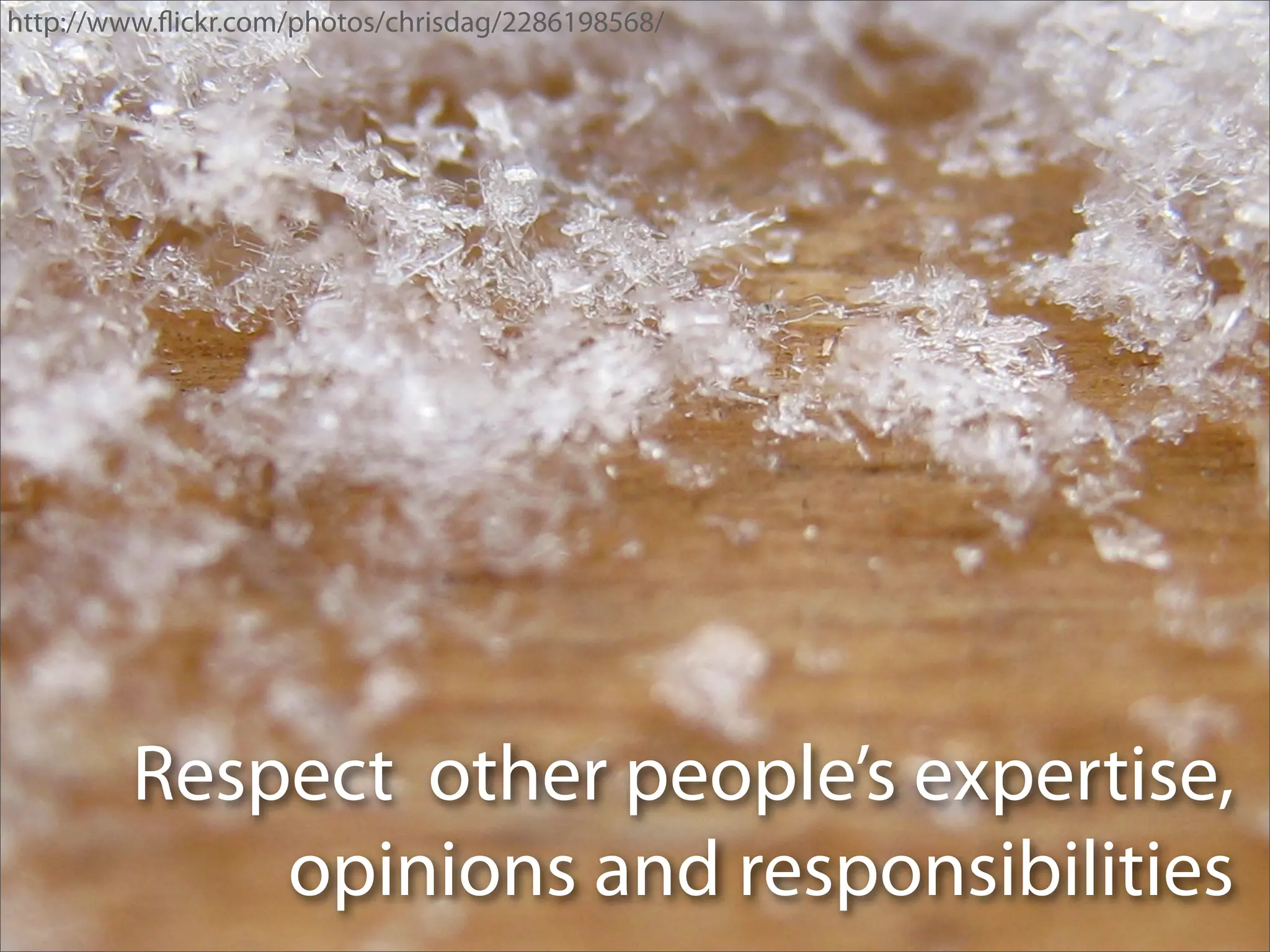 http://www.ﬂickr.com/photos/chrisdag/2286198568/




         Respect other people’s expertise,
             opinions and responsibilities
 
