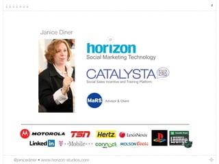 2




             Janice Diner



                                     Social Marketing Technology



                                     Social Sales Incentive and Training Platform




                                                 Advisor & Client




@janicediner • www.horizon-studios.com 
 
