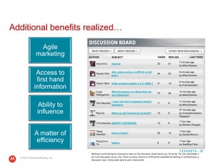 Additional benefits realized…

                 Agile
                marketing

               Access to
               first hand
              information

                  Ability to
                 influence


               A matter of
                efficiency

  © 2012 Motorola Mobility, Inc.
 