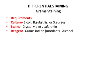 DIFFERENTIAL STAINING
Grams Staining
• Requirements
• Culture- E.coli, B.substilis, or S.aureus
• Stains- Crystal violet , safaranin
• Reagent- Grams iodine (mordant) , Alcohol
 