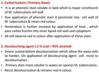 1. Carbol fuchsin ( Primary Stain)-
• It is an phenolic stain soluble in lipid which is major constituent
of M. tuberculosis cell wall
• Due application of phenolic stain it penetrate into cell wall of
M. tuberculosis & retain red colour.
• Penetration is further increase by application of heat , which
pass carbol fuschin into inner lipoid cell wall and cytoplasm.
• All cell observe red in colour after application of these stain.
2. Decolourising agent ( 3 % acid + 95% alcohol)-
• Smear cooled before decolourization which allow the waxy cells
to harden. On application of decolourising agent cell resist to
decolourisation .
• Primary stain more soluble in waxes on species M. tuberculosis.
• Resist decolourisation & remains red in colour.
 