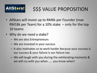 $$$ VALUE PROPOSITIONAllStars will invest up to RM6k per Founder (max RM18k per Team) for a 10% stake  – only for the top 10 teamsWhy do we need a stake? We are also EntrepreneursWe are invested in your successIt also motivates us to work harder because your success is our success & your failure is our failure tooWe will laugh with you during the exhilarating moments & we will cry with you when ….. you know when!