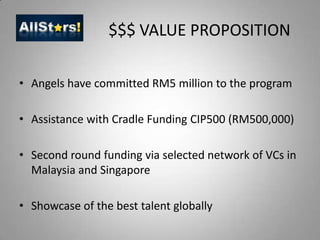 $$$ VALUE PROPOSITIONAngels have committed RM5 million to the programAssistance with Cradle Funding CIP500 (RM500,000)Second round funding via selected network of VCs in Malaysia and SingaporeShowcase of the best talent globally